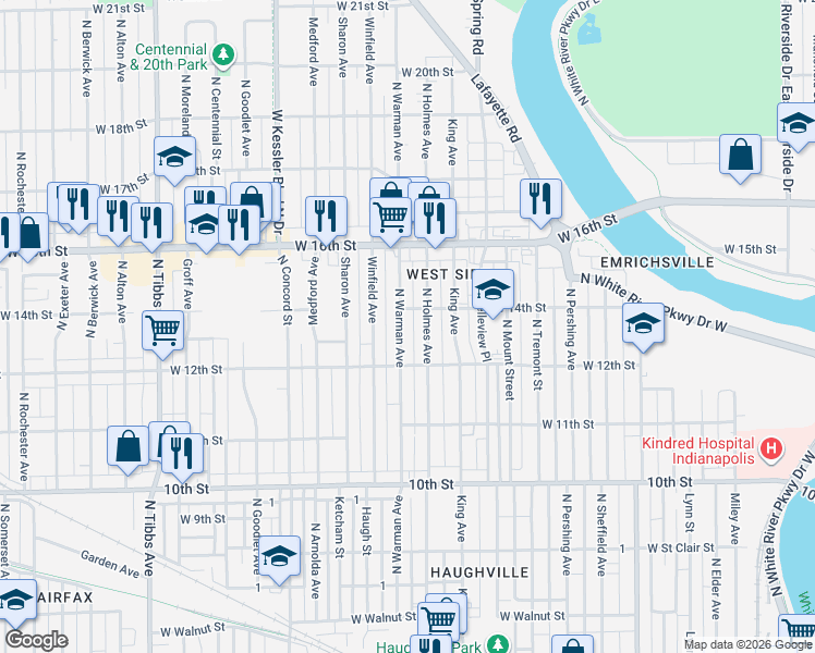 map of restaurants, bars, coffee shops, grocery stores, and more near 1402 North Warman Avenue in Indianapolis