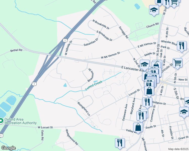 map of restaurants, bars, coffee shops, grocery stores, and more near 216 Beaumont Drive in Oxford