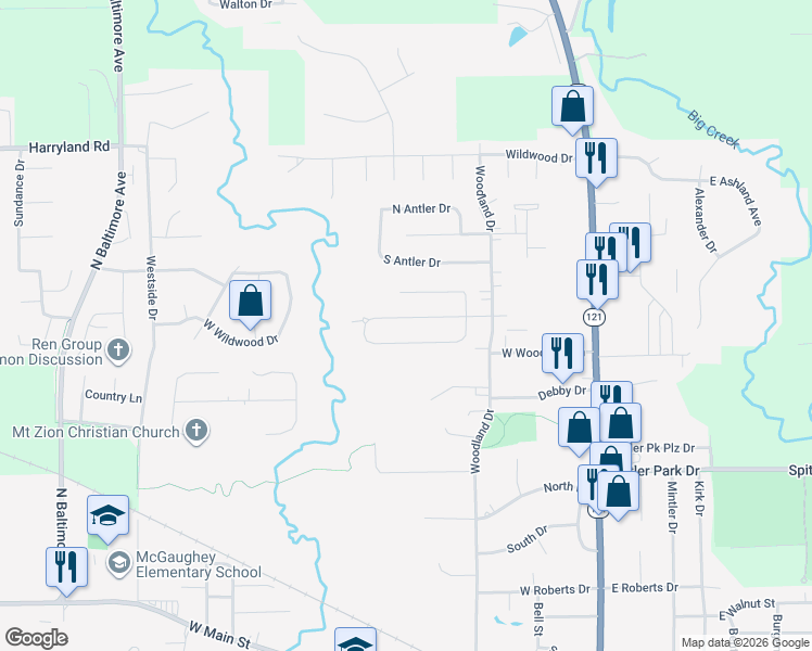 map of restaurants, bars, coffee shops, grocery stores, and more near 720 North Whitetail Circle in Mount Zion