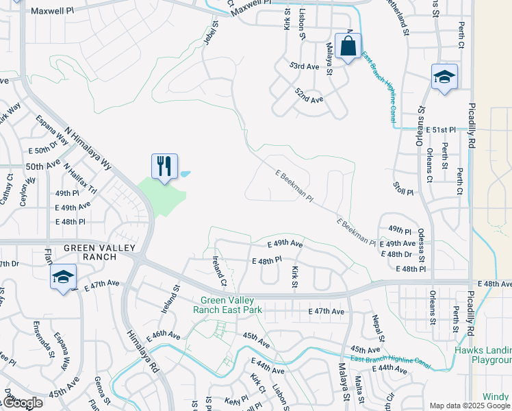 map of restaurants, bars, coffee shops, grocery stores, and more near 20439 East 49th Avenue in Denver