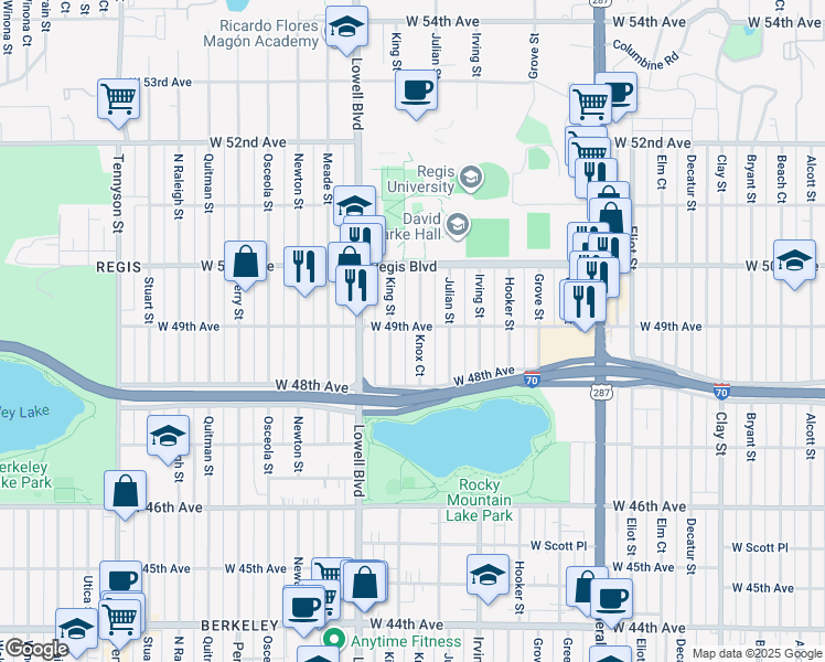 map of restaurants, bars, coffee shops, grocery stores, and more near 4910 King Street in Denver