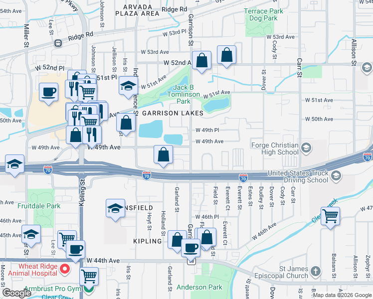 map of restaurants, bars, coffee shops, grocery stores, and more near 4901 Garrison Street in Wheat Ridge