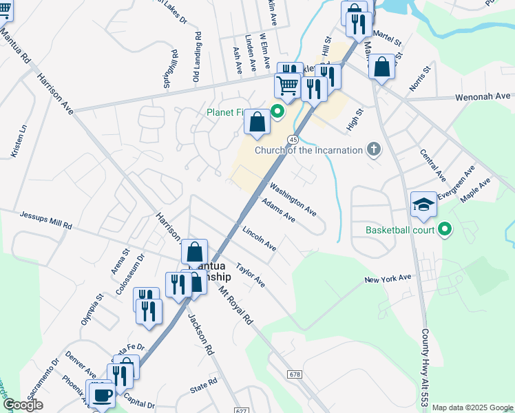 map of restaurants, bars, coffee shops, grocery stores, and more near 103 Adams Avenue in Gloucester County