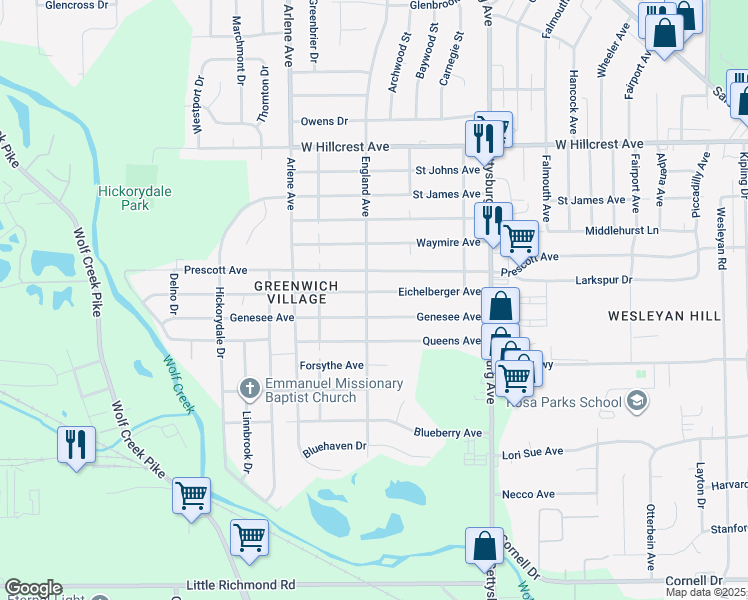 map of restaurants, bars, coffee shops, grocery stores, and more near 4610 Prescott Avenue in Dayton