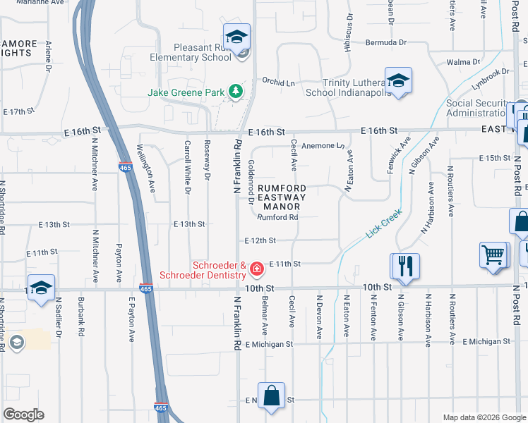 map of restaurants, bars, coffee shops, grocery stores, and more near 8029 East 13th Street in Indianapolis