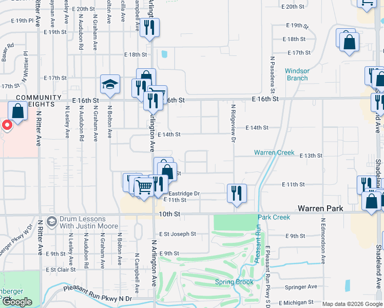 map of restaurants, bars, coffee shops, grocery stores, and more near 6136 East 13th Street in Indianapolis