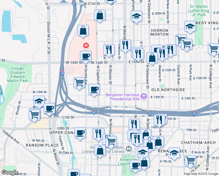 map of restaurants, bars, coffee shops, grocery stores, and more near 120 West 14th Street in Indianapolis