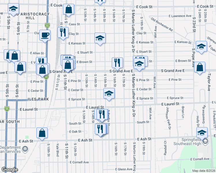 map of restaurants, bars, coffee shops, grocery stores, and more near 1501 South 15th Street in Springfield