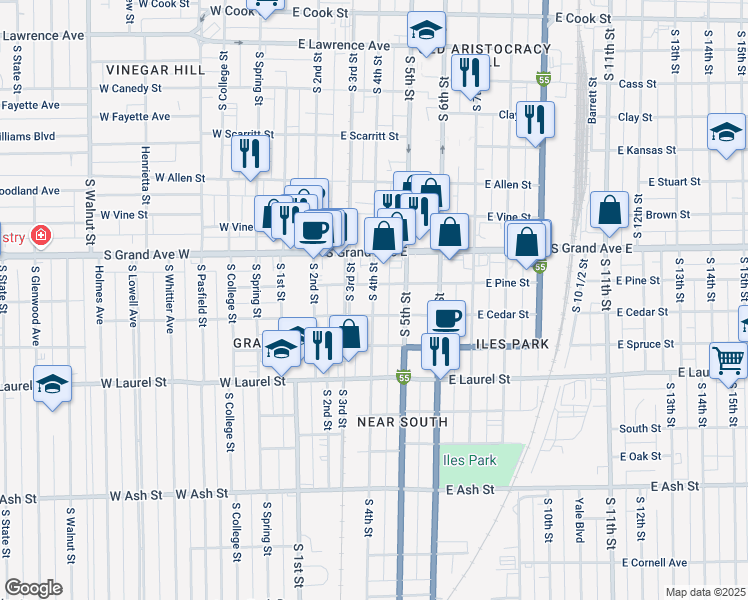 map of restaurants, bars, coffee shops, grocery stores, and more near 400-498 East Pine Street in Springfield