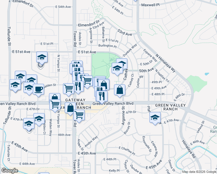 map of restaurants, bars, coffee shops, grocery stores, and more near 4890 Argonne Street in Denver