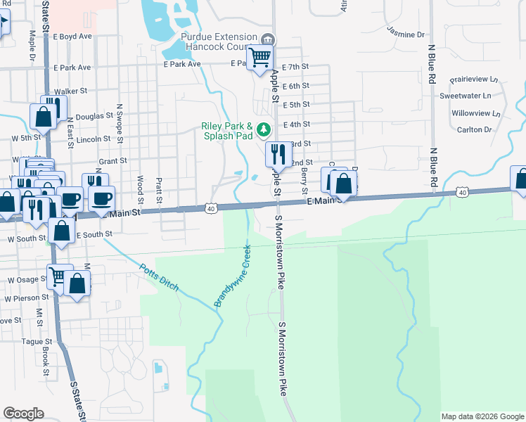 map of restaurants, bars, coffee shops, grocery stores, and more near 927 East Main Street in Greenfield