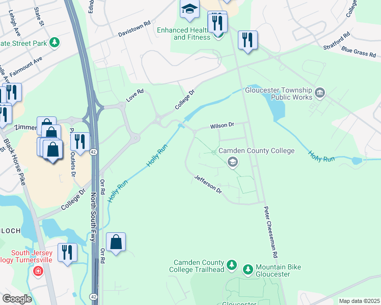 map of restaurants, bars, coffee shops, grocery stores, and more near 200 College Drive in Camden County