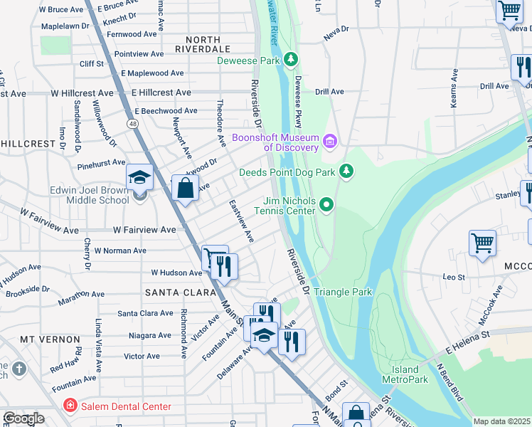 map of restaurants, bars, coffee shops, grocery stores, and more near 140 East Norman Avenue in Dayton