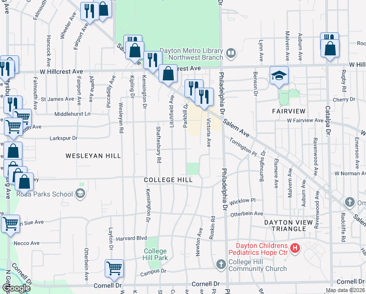map of restaurants, bars, coffee shops, grocery stores, and more near 2015 Parkhill Drive in Dayton