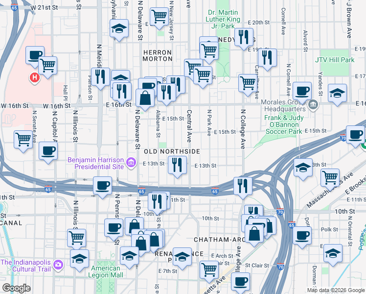 map of restaurants, bars, coffee shops, grocery stores, and more near 1404 Central Avenue in Indianapolis