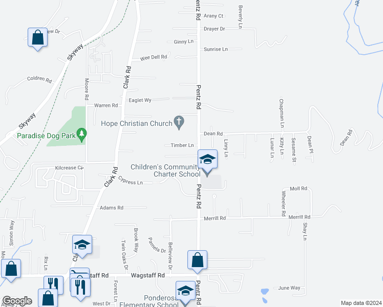 map of restaurants, bars, coffee shops, grocery stores, and more near 1711 Timber Walk Way in Paradise