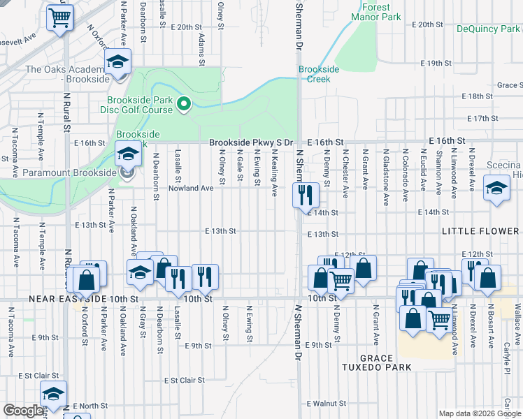 map of restaurants, bars, coffee shops, grocery stores, and more near 1347 North Ewing Street in Indianapolis