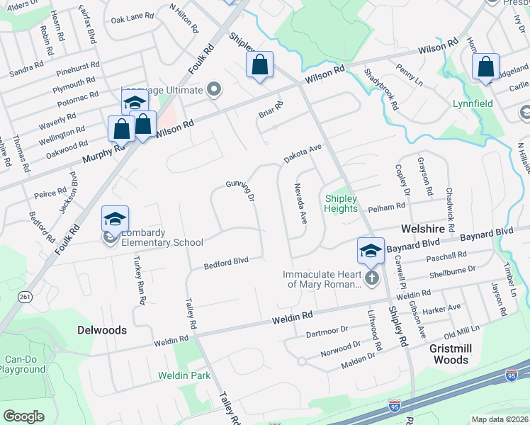 map of restaurants, bars, coffee shops, grocery stores, and more near 1705 Gunning Drive in Wilmington