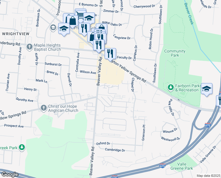 map of restaurants, bars, coffee shops, grocery stores, and more near 253 Landmark Court in Fairborn