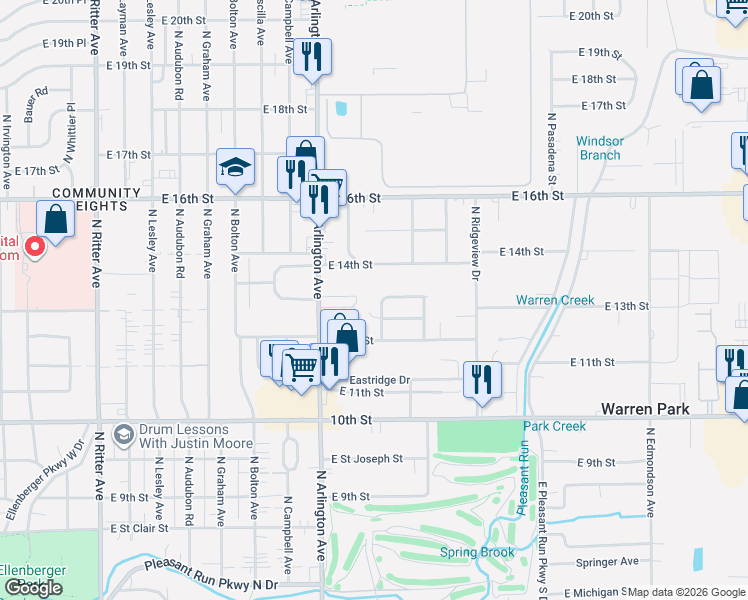 map of restaurants, bars, coffee shops, grocery stores, and more near 6013 East 14th Street in Indianapolis