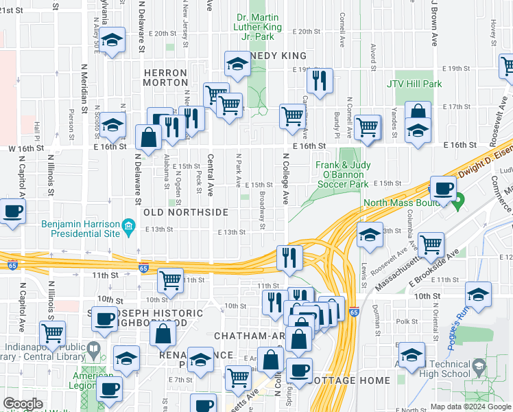 map of restaurants, bars, coffee shops, grocery stores, and more near 1422 Broadway Street in Indianapolis