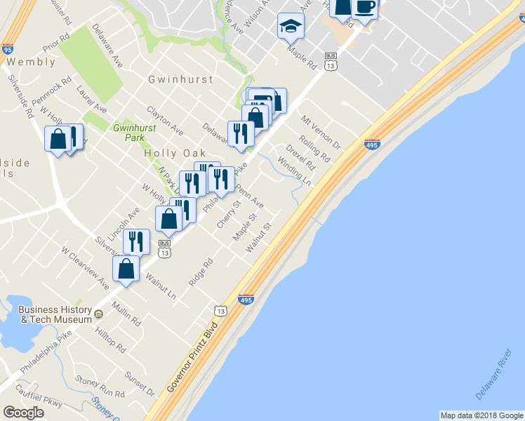 map of restaurants, bars, coffee shops, grocery stores, and more near 1708 Maple Street in Wilmington