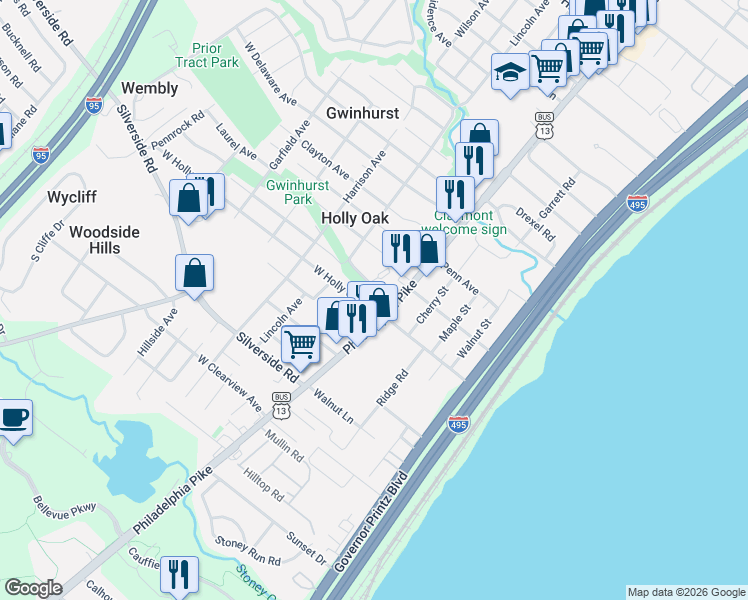 map of restaurants, bars, coffee shops, grocery stores, and more near 15 North Park Drive in Wilmington