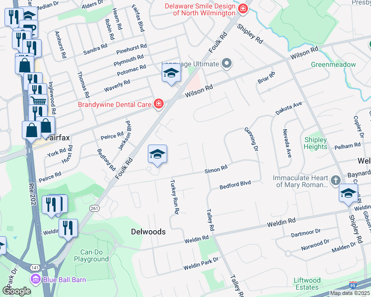 map of restaurants, bars, coffee shops, grocery stores, and more near 1708 Forestdale Drive in Wilmington