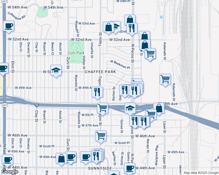 map of restaurants, bars, coffee shops, grocery stores, and more near 1885 West 49th Avenue in Denver