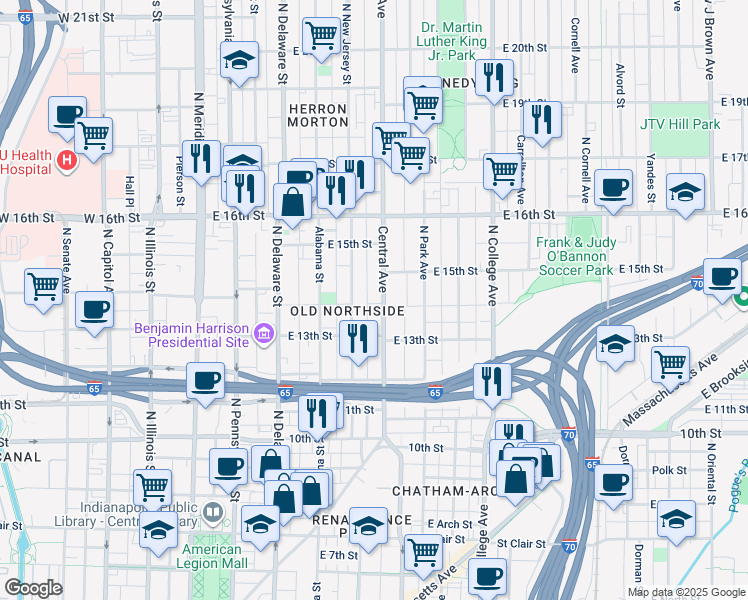 map of restaurants, bars, coffee shops, grocery stores, and more near 1404 Central Avenue in Indianapolis