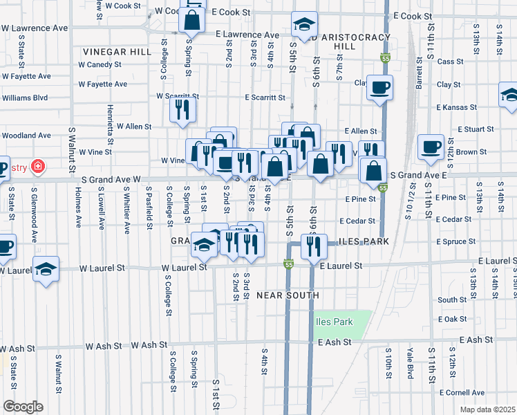 map of restaurants, bars, coffee shops, grocery stores, and more near 309 East Pine Street in Springfield
