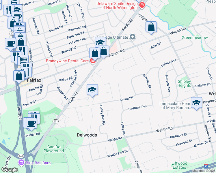 map of restaurants, bars, coffee shops, grocery stores, and more near 1708 Forestdale Drive in Wilmington