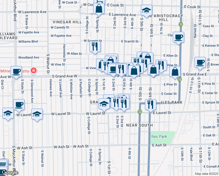 map of restaurants, bars, coffee shops, grocery stores, and more near in Springfield
