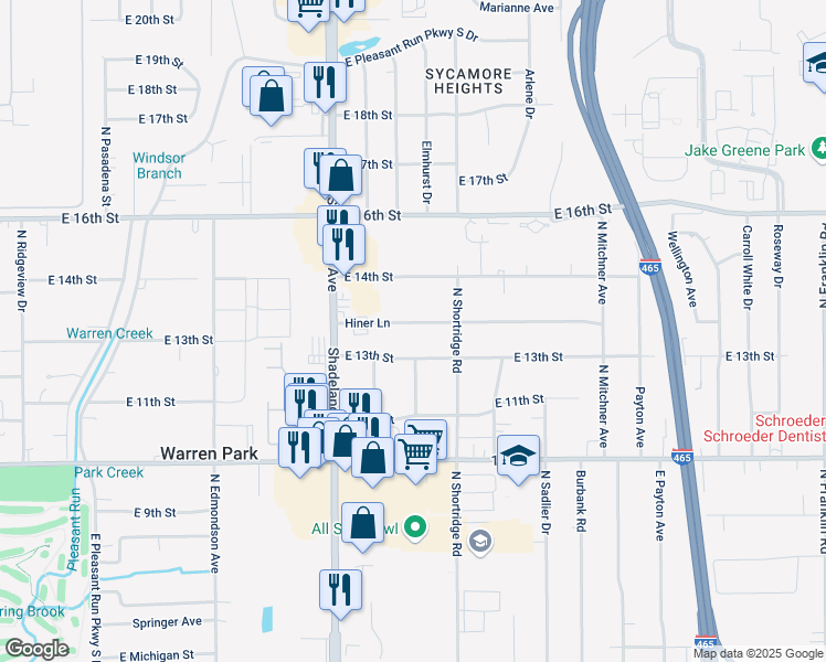 map of restaurants, bars, coffee shops, grocery stores, and more near 7112 Hiner Lane in Indianapolis