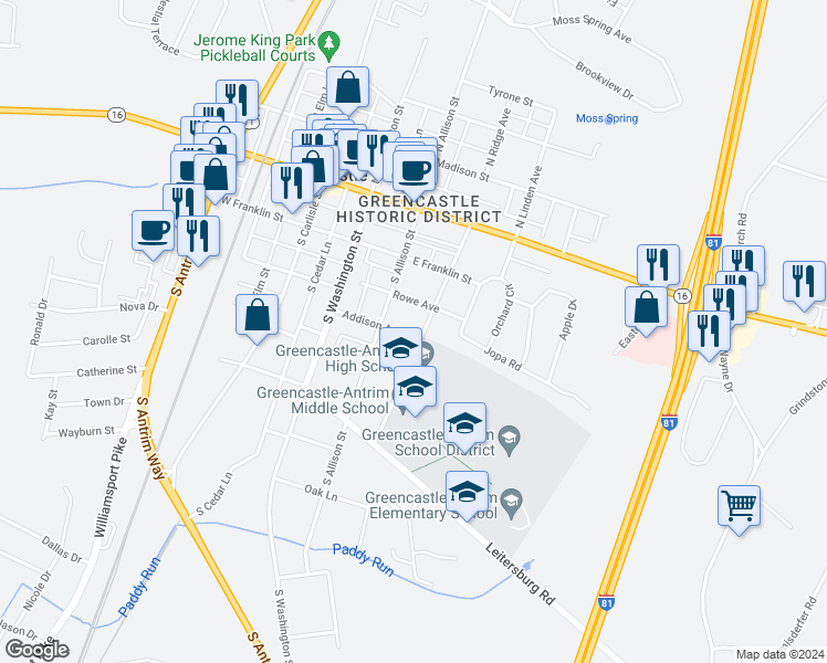 map of restaurants, bars, coffee shops, grocery stores, and more near 242 Addison Avenue in Greencastle