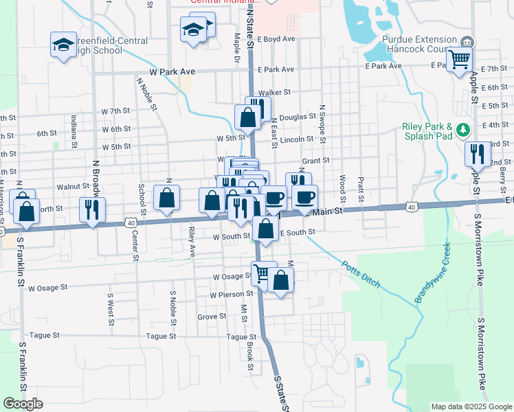 map of restaurants, bars, coffee shops, grocery stores, and more near 9 North State Street in Greenfield