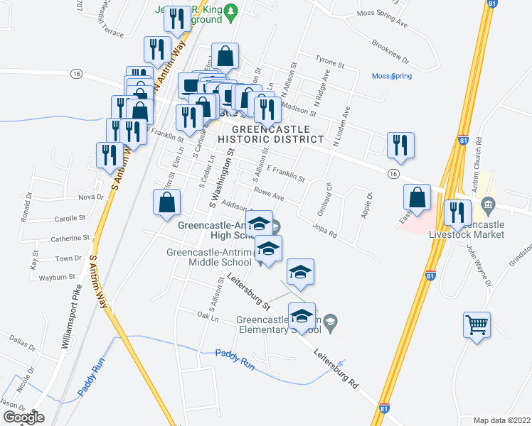 map of restaurants, bars, coffee shops, grocery stores, and more near 238 Addison Avenue in Greencastle