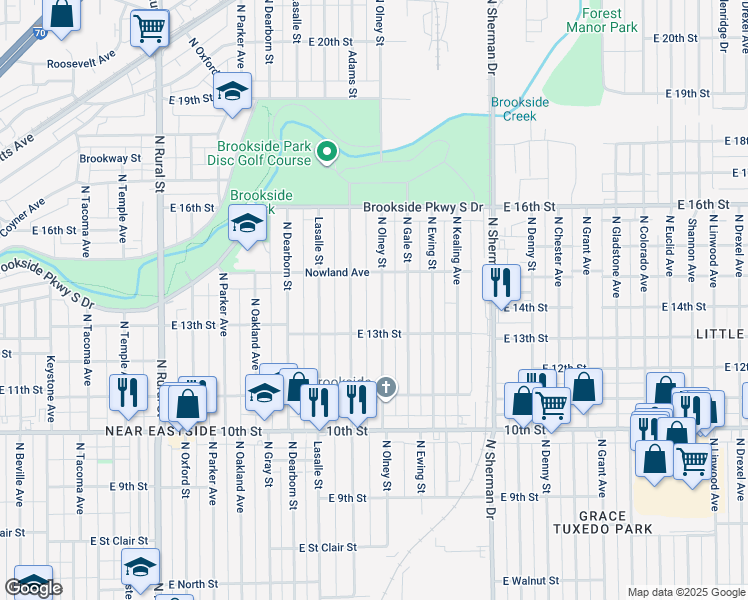 map of restaurants, bars, coffee shops, grocery stores, and more near 1352 North Olney Street in Indianapolis
