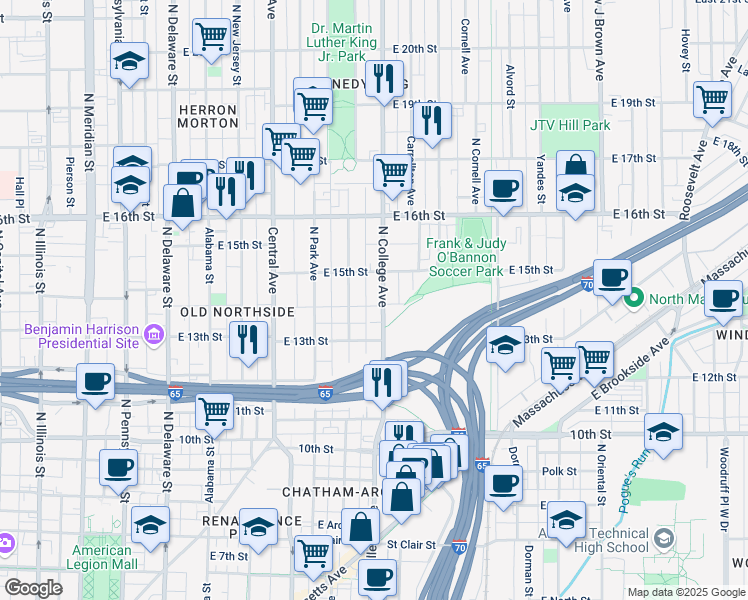 map of restaurants, bars, coffee shops, grocery stores, and more near 1420 North College Avenue in Indianapolis
