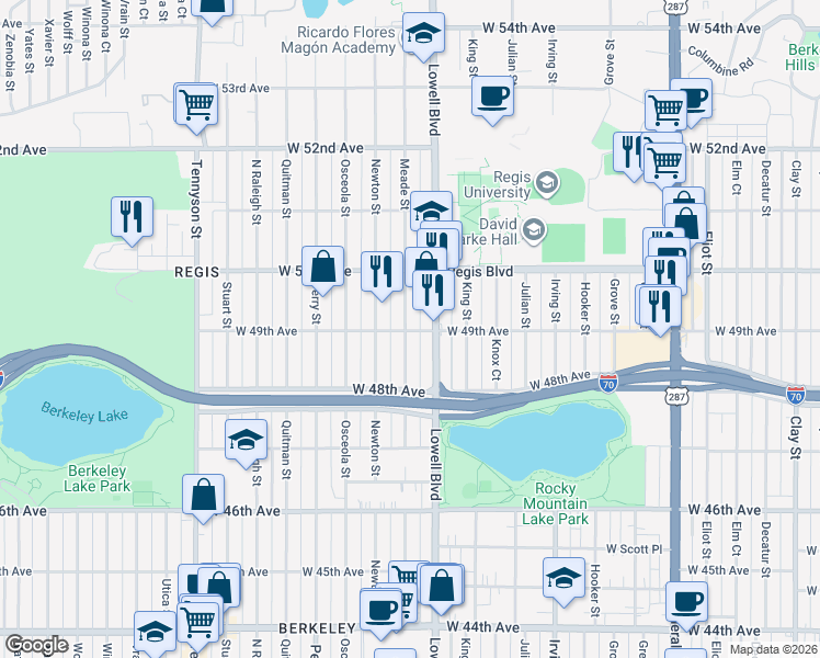 map of restaurants, bars, coffee shops, grocery stores, and more near 4921 Meade Street in Denver