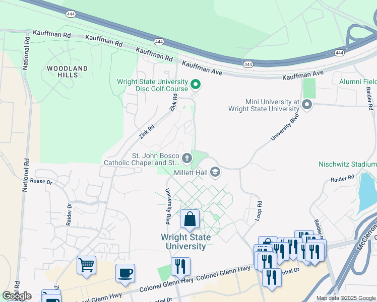 map of restaurants, bars, coffee shops, grocery stores, and more near 2973-4347 Springwood Ln in Fairborn