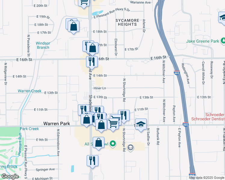map of restaurants, bars, coffee shops, grocery stores, and more near 7112 Hiner Lane in Indianapolis