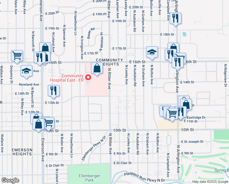 map of restaurants, bars, coffee shops, grocery stores, and more near 1301 North Ritter Avenue in Indianapolis