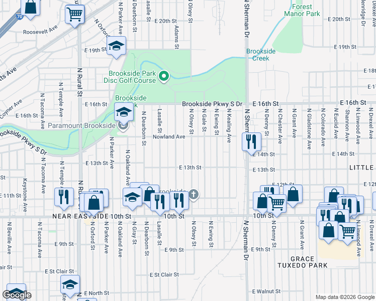 map of restaurants, bars, coffee shops, grocery stores, and more near 1352 North Olney Street in Indianapolis