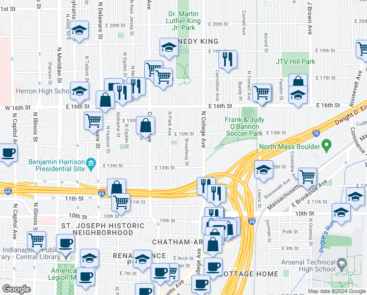 map of restaurants, bars, coffee shops, grocery stores, and more near 1422 Broadway Street in Indianapolis