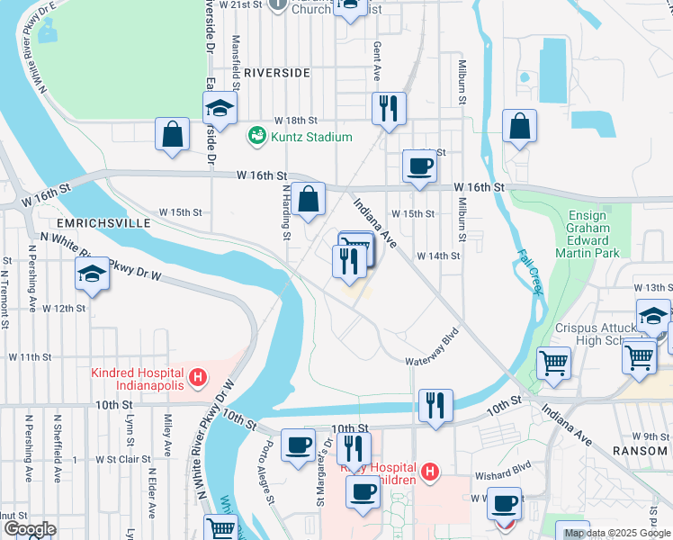 map of restaurants, bars, coffee shops, grocery stores, and more near 1410 Breedlove Lane in Indianapolis
