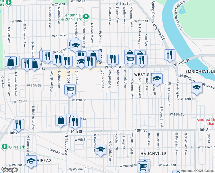 map of restaurants, bars, coffee shops, grocery stores, and more near 1401 Medford Avenue in Indianapolis