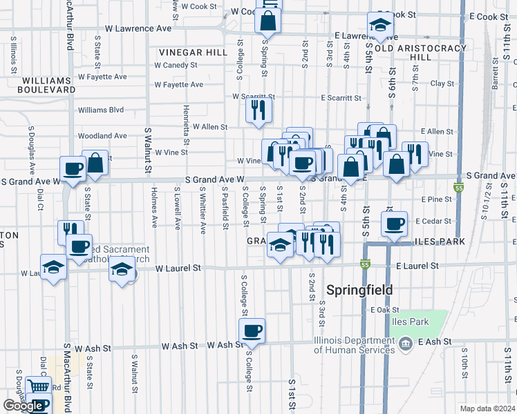 map of restaurants, bars, coffee shops, grocery stores, and more near 201 West Pine Street in Springfield