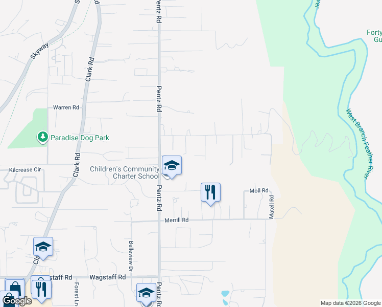 map of restaurants, bars, coffee shops, grocery stores, and more near 1793 El Toro Court in Paradise