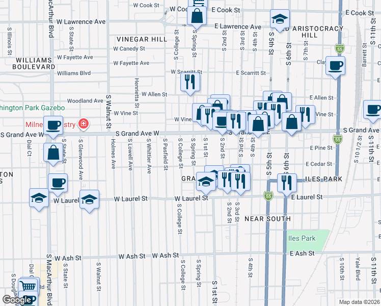 map of restaurants, bars, coffee shops, grocery stores, and more near 201 West Pine Street in Springfield